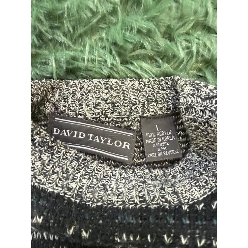 David Taylor VTG Men's Large Plaid Acrylic Knit Sweater Black White Blue Crew